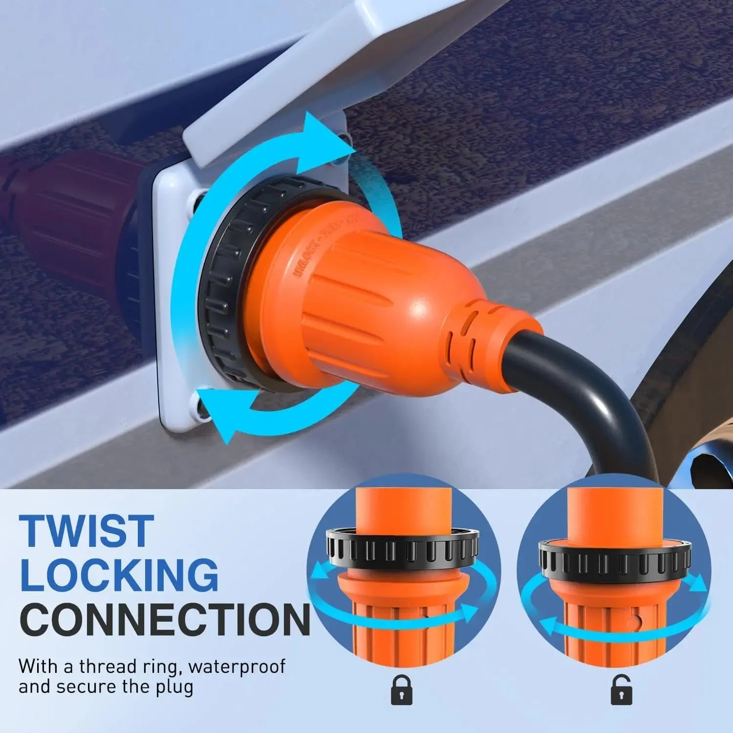 30Amp RV 50FT Locking Extension Cord Drag Tool