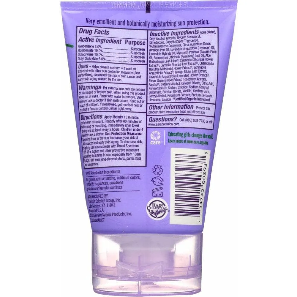 Alba Botanica Soothing Sunscreen Pure Lavender Spf 45, 4 Oz