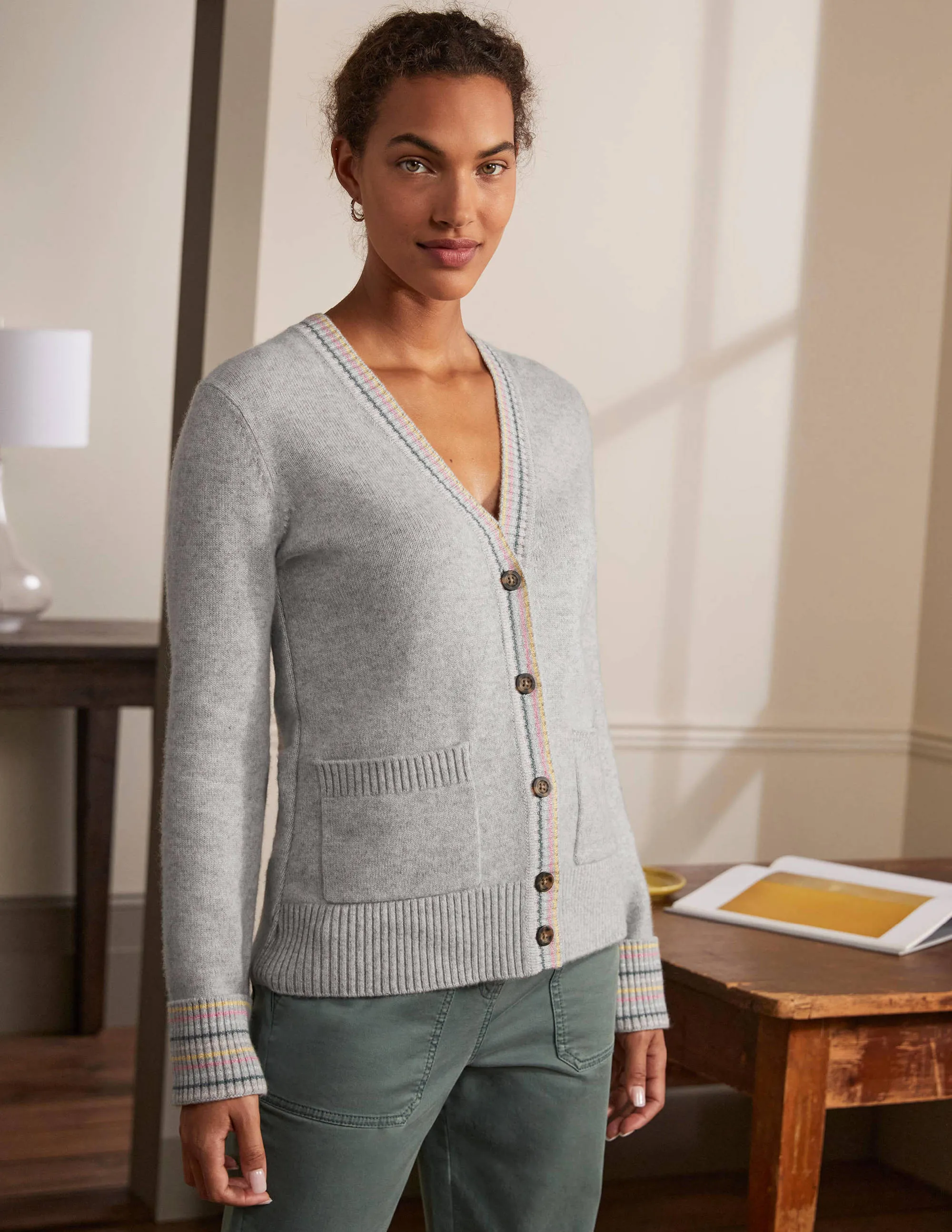 Cashmere Cuff Detail Cardigan-Grey Melange