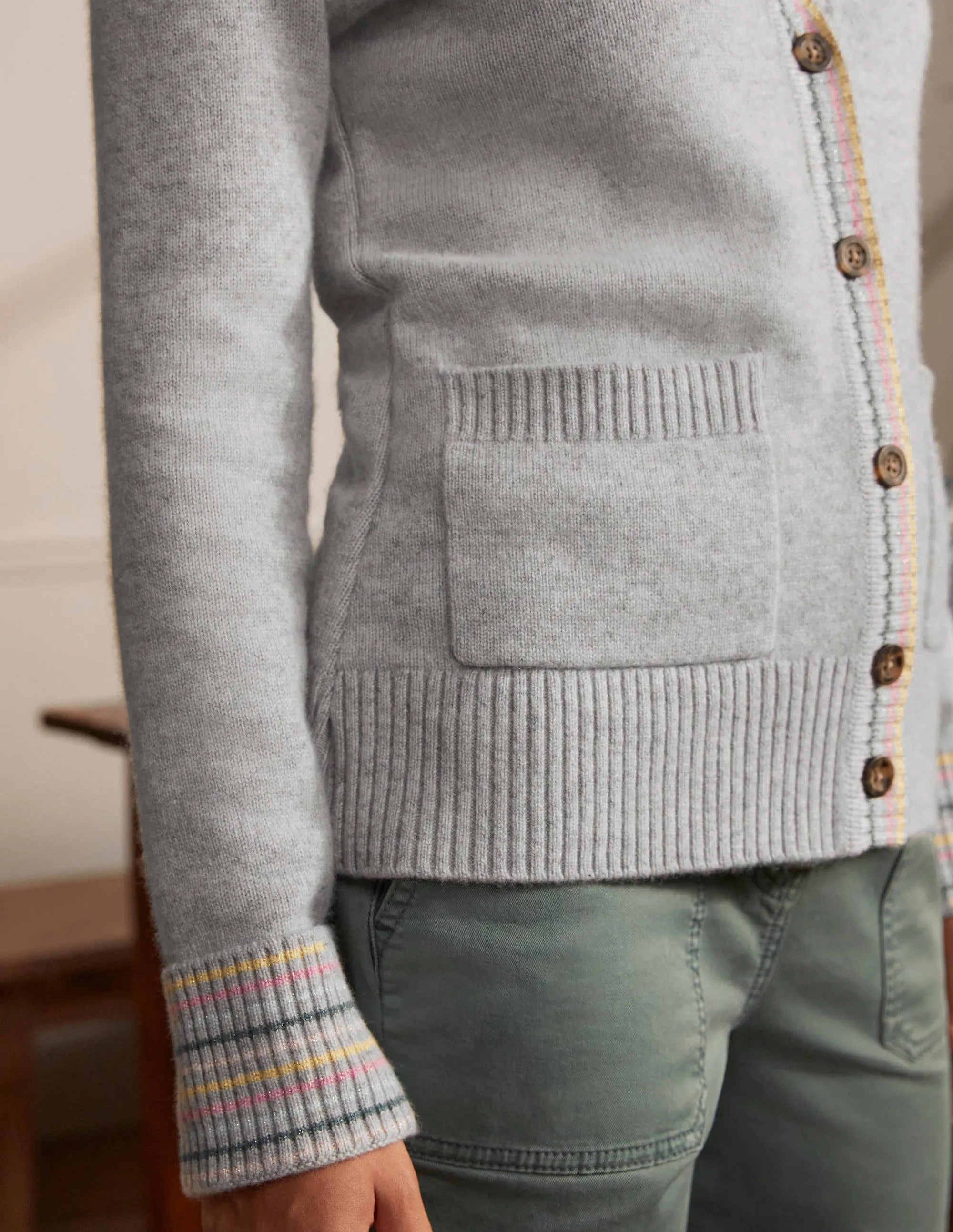 Cashmere Cuff Detail Cardigan-Grey Melange