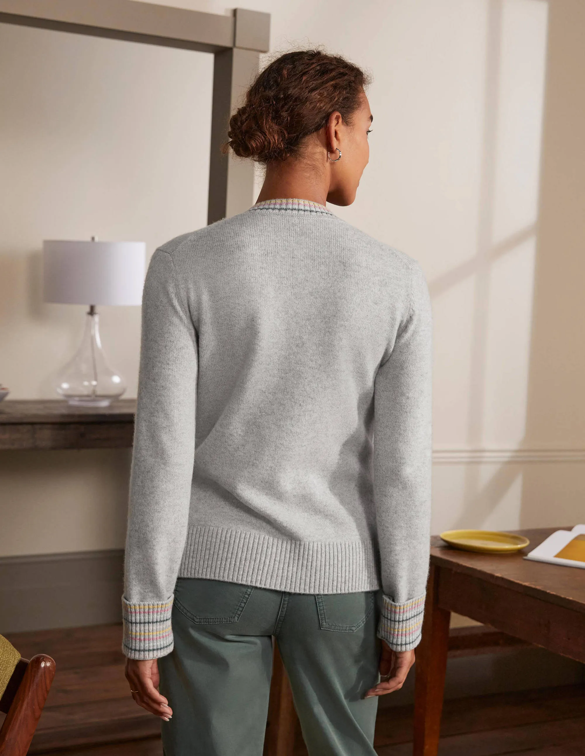Cashmere Cuff Detail Cardigan-Grey Melange