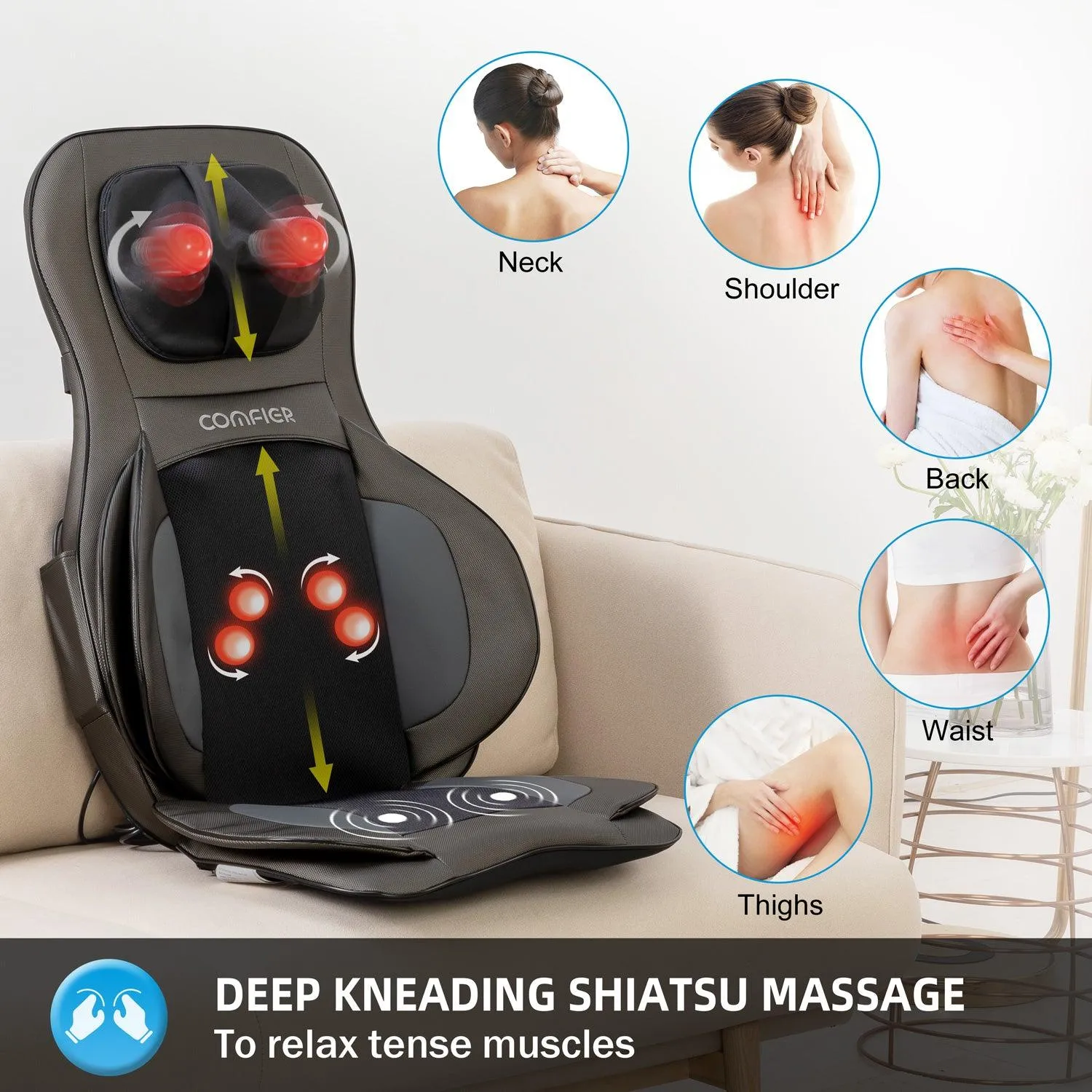 Comfier Shiatsu Neck Back Massager with Heat, Air Compression, Back Massage Chair Pad, Chair Massager for Full Body, Gifts for Women,Men -- CF-2309A-WM