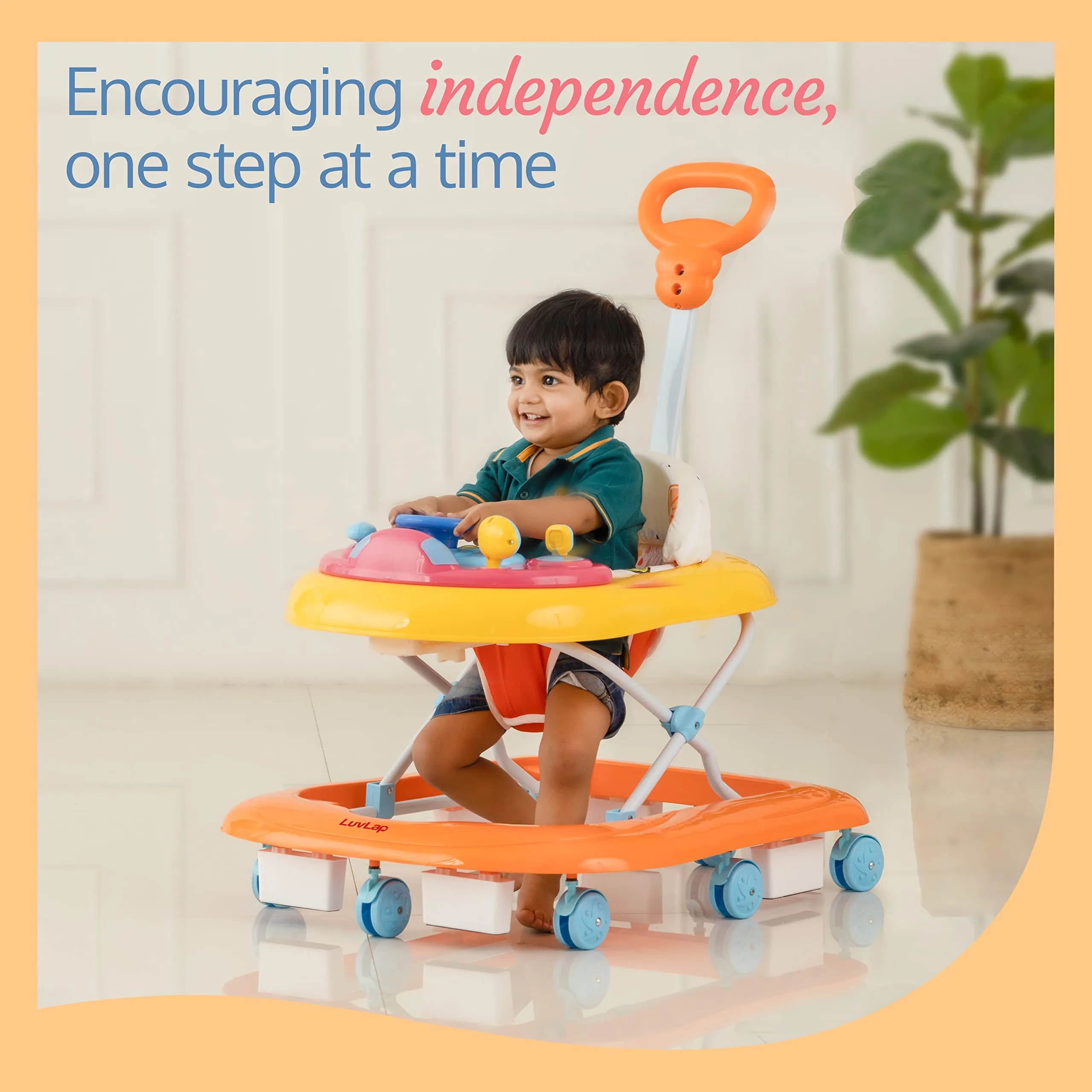 LuvLap Sunshine Baby Walker with Parental Push Handle, Anti Fall, Anti Skid Mechanism, Height Adjustable with Light, Rattle & Music Toys, Cushioned Walker for Baby 6-18months (Orange)