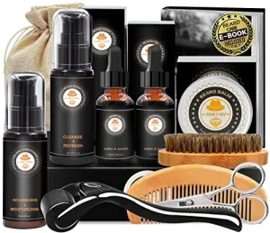 Upgraded Beard Grooming Kit w/Beard Conditioner,Beard Oil,Beard Balm,Beard Brush,Beard Shampoo/Wash,Beard Comb,Beard Scissors,Storage Bag,Beard E-Book,Beard Growth Care Gifts for Men (Pleasant)