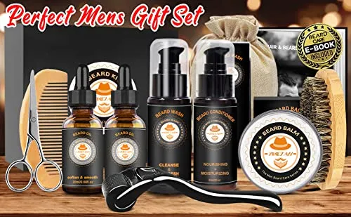 Upgraded Beard Grooming Kit w/Beard Conditioner,Beard Oil,Beard Balm,Beard Brush,Beard Shampoo/Wash,Beard Comb,Beard Scissors,Storage Bag,Beard E-Book,Beard Growth Care Gifts for Men (Pleasant)